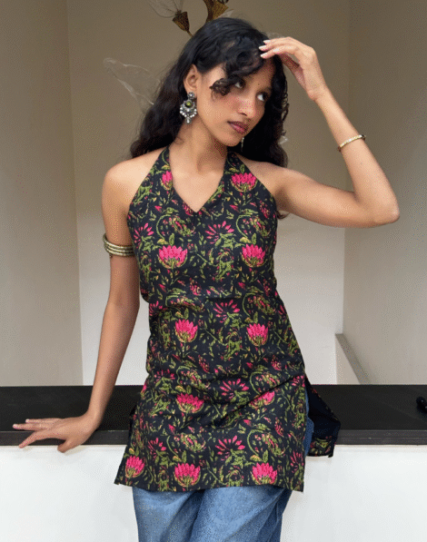 Black Lotus Halter Neck Backless Pure Cotton Short Kurti 1
