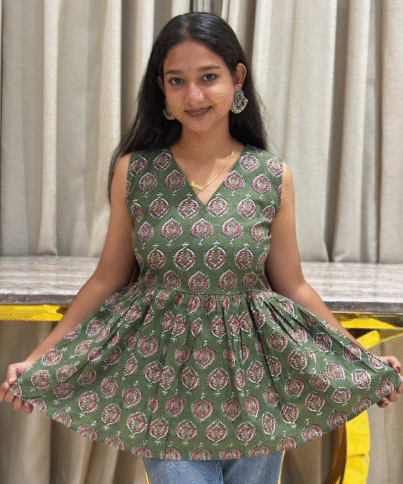 Bottle Green Pure Cotton PEPLUM SHORT Kurti 1