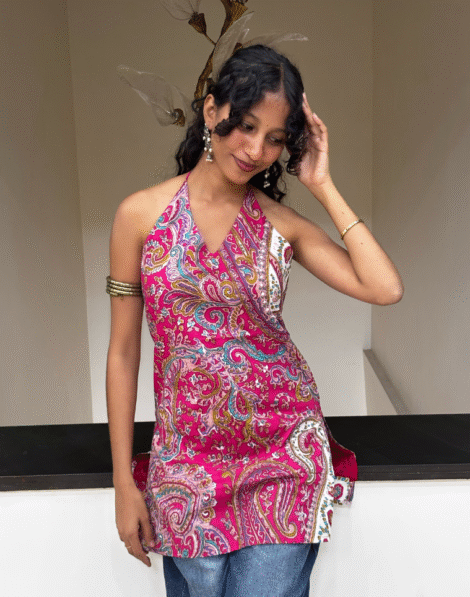 Hot Pink Halter Neck Backless Pure Cotton Short Kurti 1