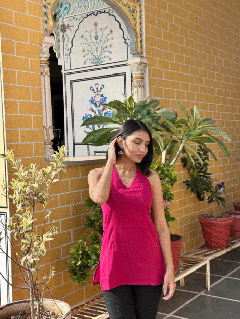 Hot pink Pure MulCotton Halter Neck Backless tying Short Kurti 1