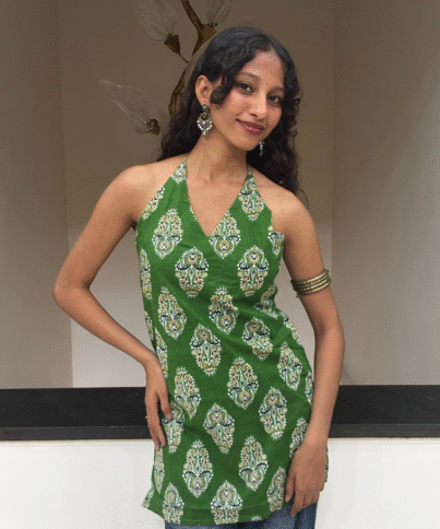 Parrot Green Halter Neck Backless Pure Cotton Short Kurti 1