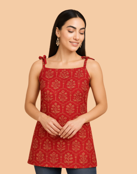 Red Pure Cotton Tying Short Kurti