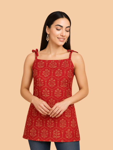 Red Pure Cotton Tying Short Kurti