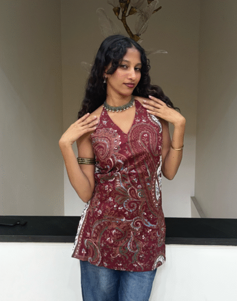 Rust Brown Halter Neck Backless Pure Cotton Short Kurti 1