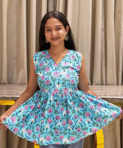 Sky Blue Pure Cotton PEPLUM SHORT Kurti 1