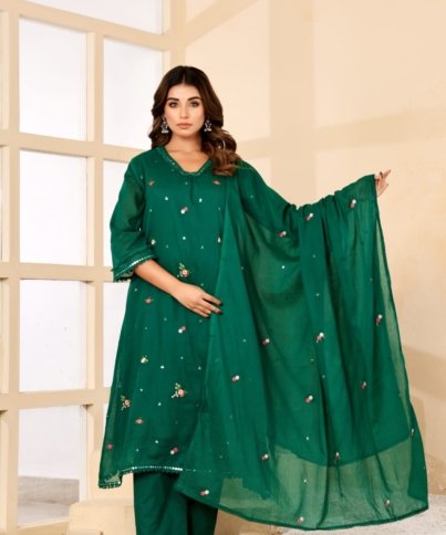 Pure MulCotton Heavy Embroidered A-Line 3PC Kurti Set