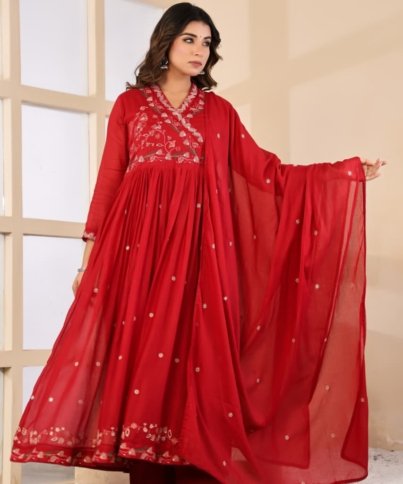 Pure MulCotton Heavy Embroidered A-Line 3PC Kurti Set