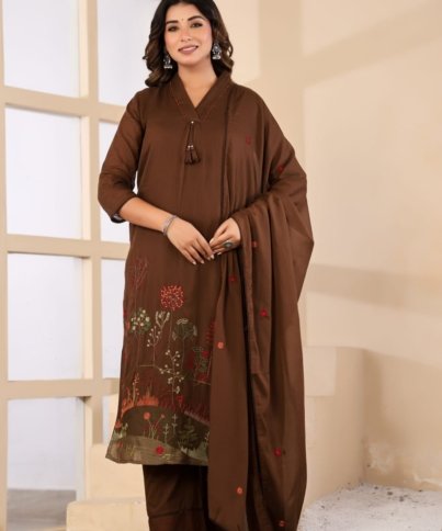 Pure MulCotton Heavy Embroidered A-Line 3PC Kurti Set