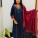 navy blue heavy embroidered pure cotton 3PC kurti set