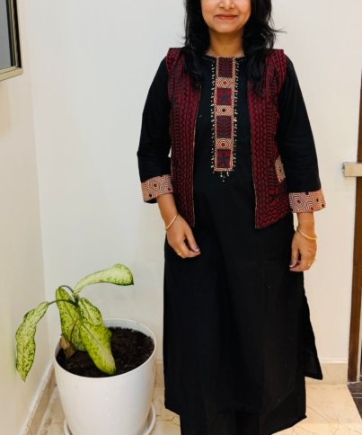 Black pure cotton ajrakh cordset with heavy embroidery jacket