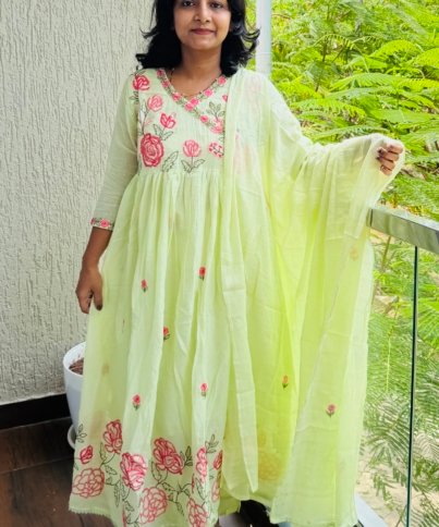 Pure MulCotton Heavy Embroidered A-Line 3PC Kurti Set