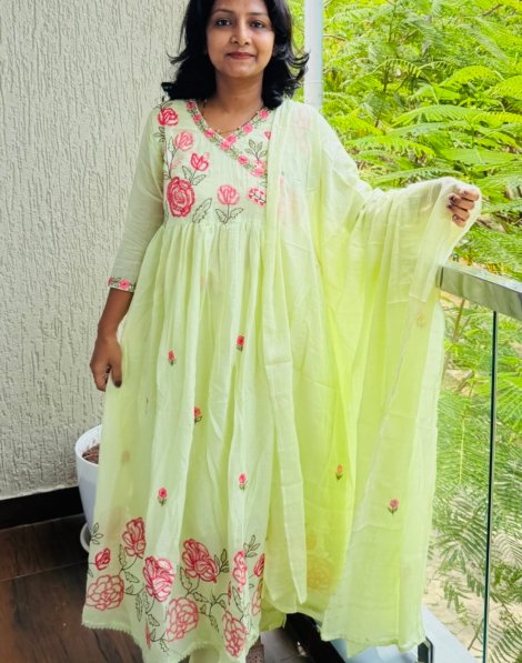 Pure MulCotton Heavy Embroidered A-Line 3PC Kurti Set