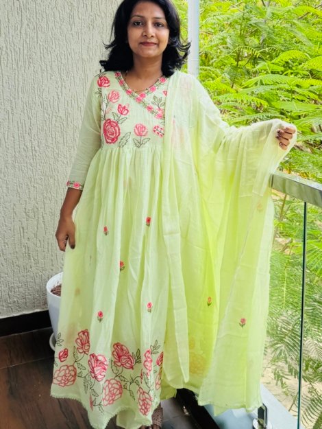 Pure MulCotton Heavy Embroidered A-Line 3PC Kurti Set