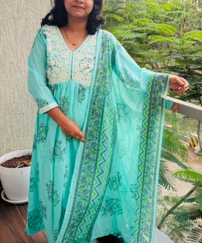 Pure MulCotton Heavy Embroidered A-Line 3PC Kurti Set